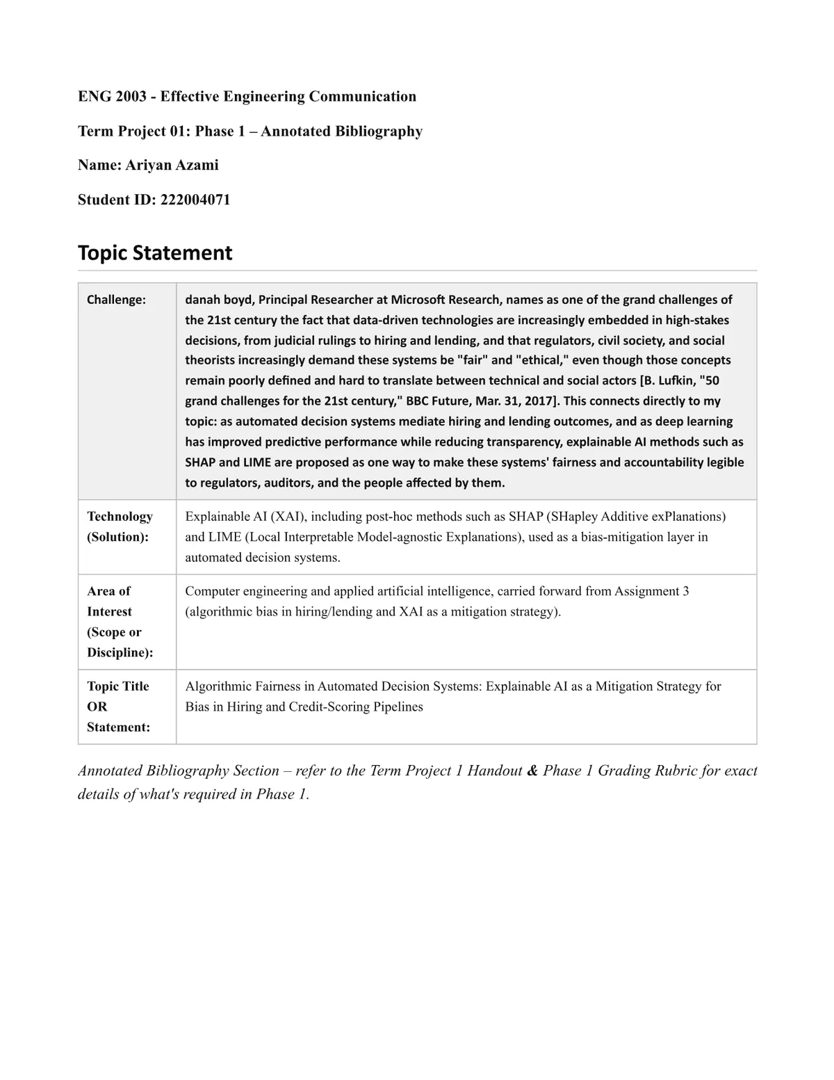First page of Annotated Bibliography — Explainable AI as a Bias-Mitigation Strategy